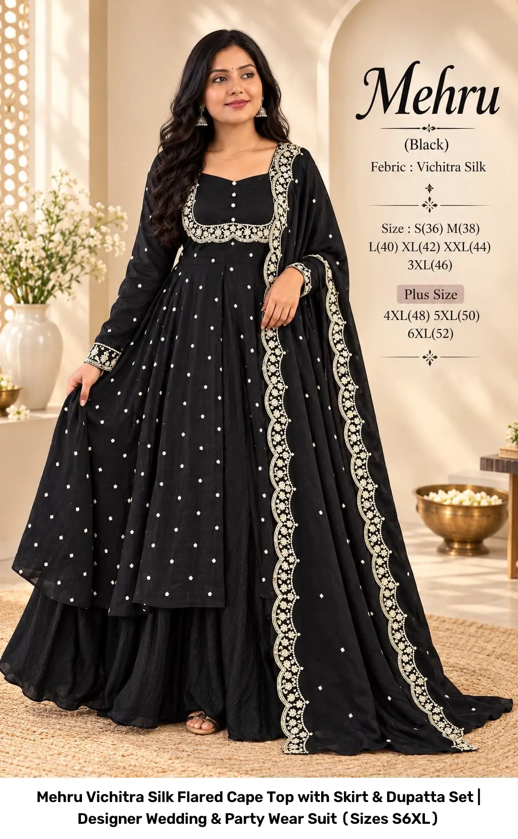 Mehru Vichitra Silk Flared Cape Top with Skirt & Dupatta Set | Designer Wedding & Party Wear Suit (Sizes S–6XL) 10
