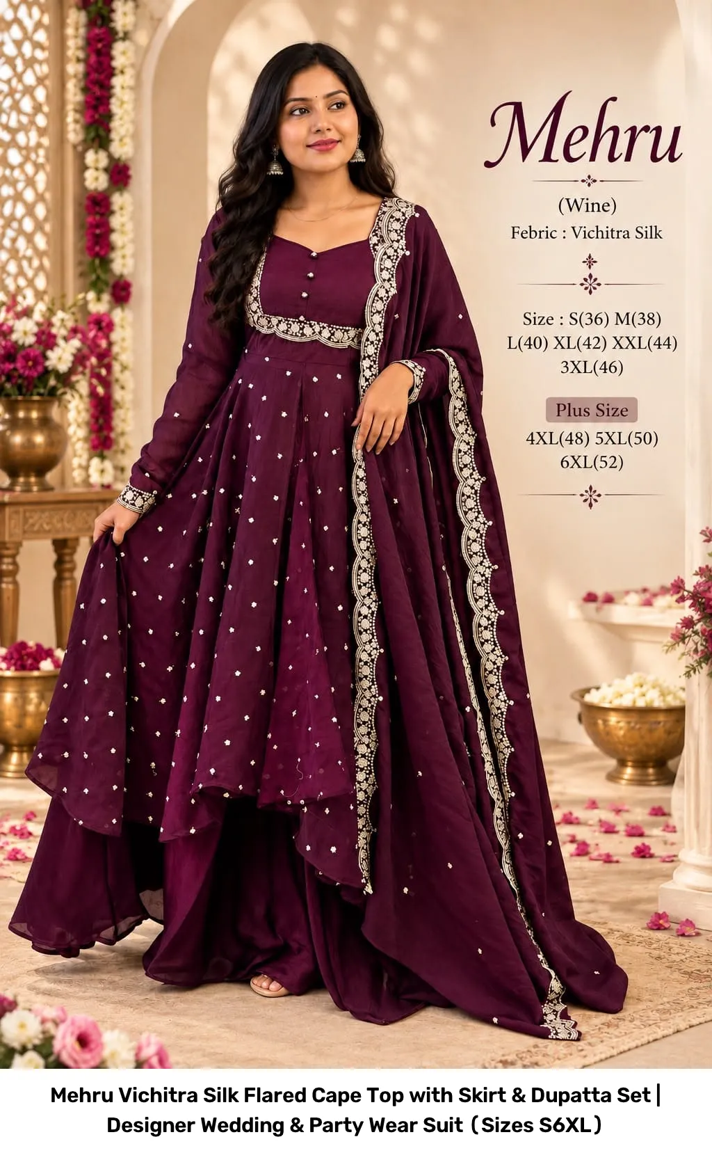 Mehru Vichitra Silk Flared Cape Top with Skirt & Dupatta Set | Designer Wedding & Party Wear Suit (Sizes S–6XL) 11
