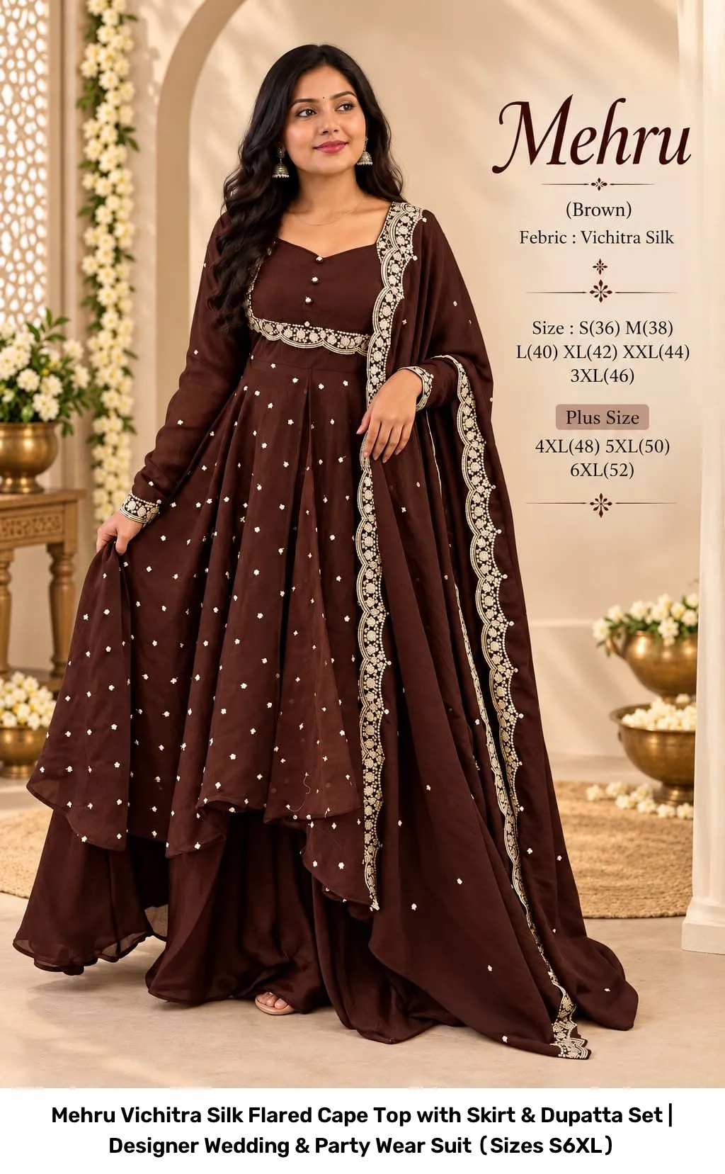 Mehru Vichitra Silk Flared Cape Top with Skirt & Dupatta Set | Designer Wedding & Party Wear Suit (Sizes S–6XL) 12