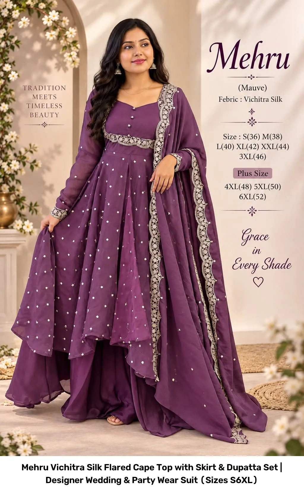 Mehru Vichitra Silk Flared Cape Top with Skirt & Dupatta Set | Designer Wedding & Party Wear Suit (Sizes S–6XL) 13