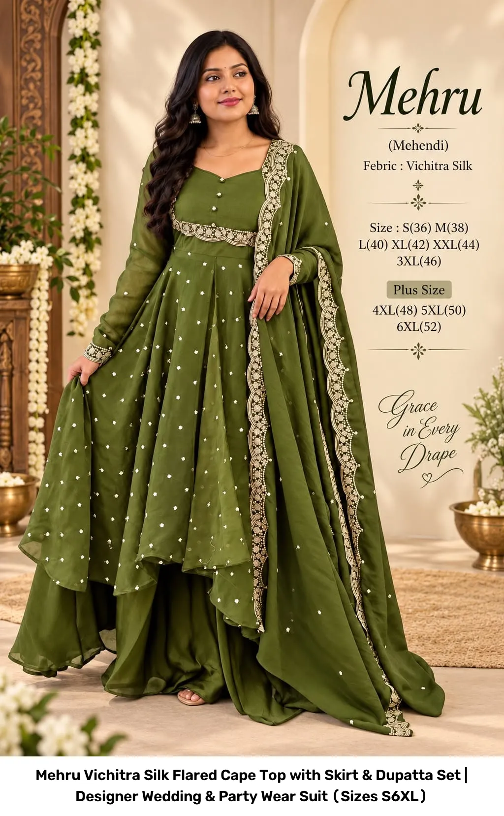 Mehru Vichitra Silk Flared Cape Top with Skirt & Dupatta Set | Designer Wedding & Party Wear Suit (Sizes S–6XL) 14