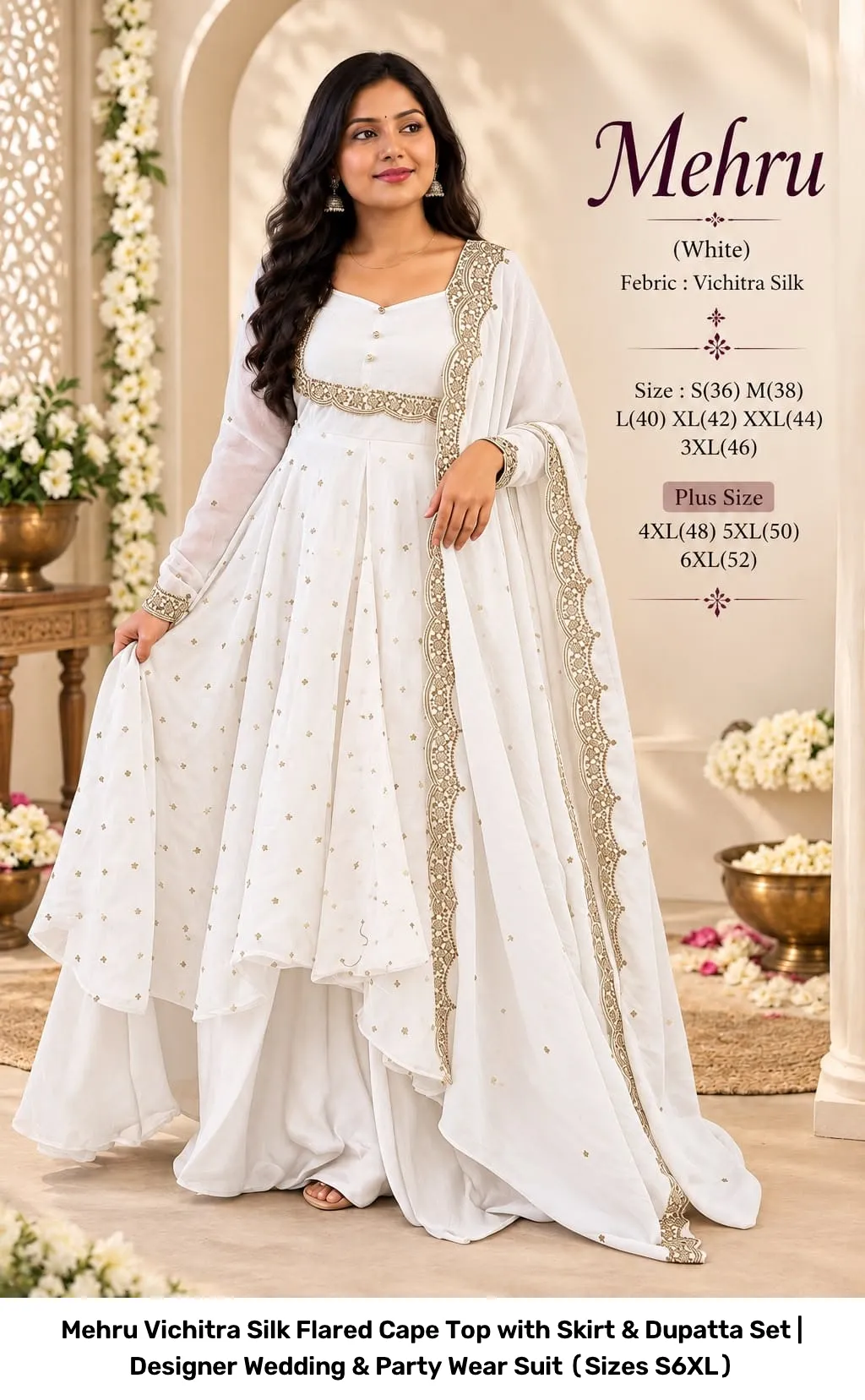 Mehru Vichitra Silk Flared Cape Top with Skirt & Dupatta Set | Designer Wedding & Party Wear Suit (Sizes S–6XL) 15