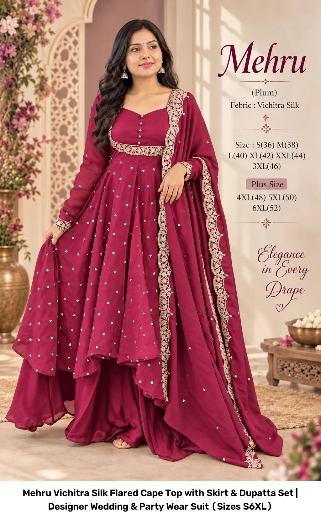 Mehru Vichitra Silk Flared Cape Top with Skirt & Dupatta Set | Designer Wedding & Party Wear Suit (Sizes S–6XL) 16