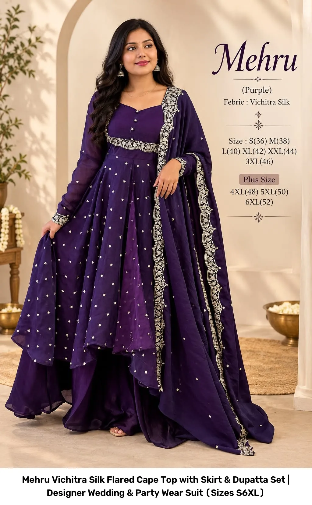 Mehru Vichitra Silk Flared Cape Top with Skirt & Dupatta Set | Designer Wedding & Party Wear Suit (Sizes S–6XL) 17