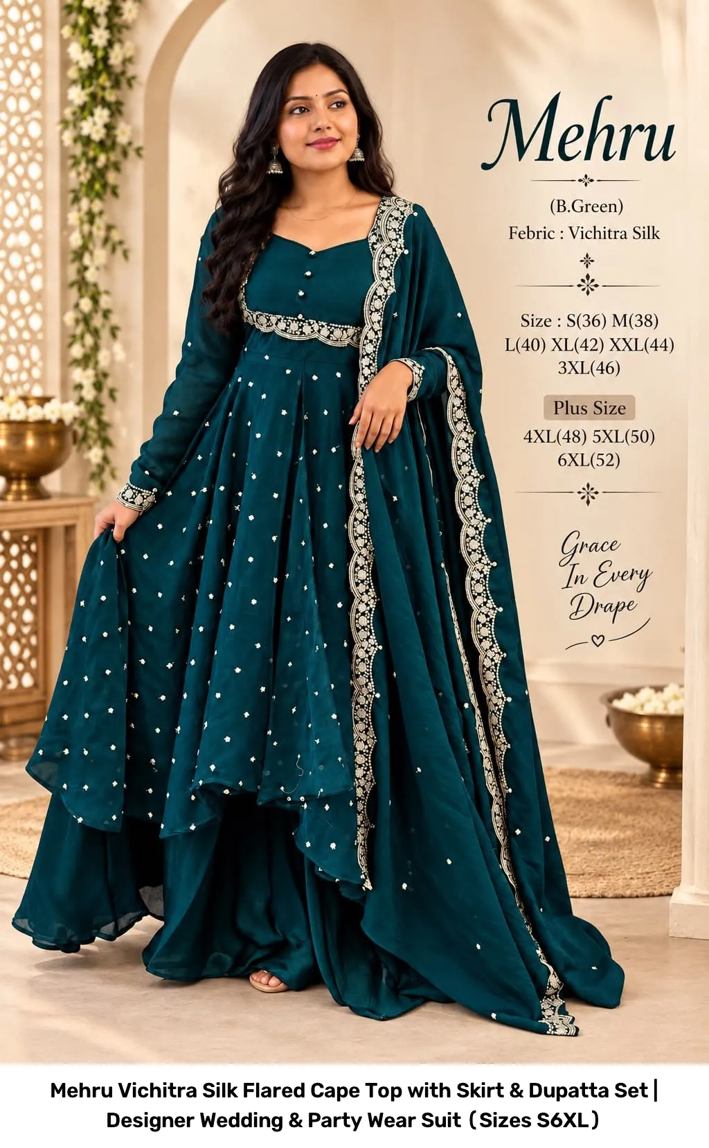 Mehru Vichitra Silk Flared Cape Top with Skirt & Dupatta Set | Designer Wedding & Party Wear Suit (Sizes S–6XL) 18