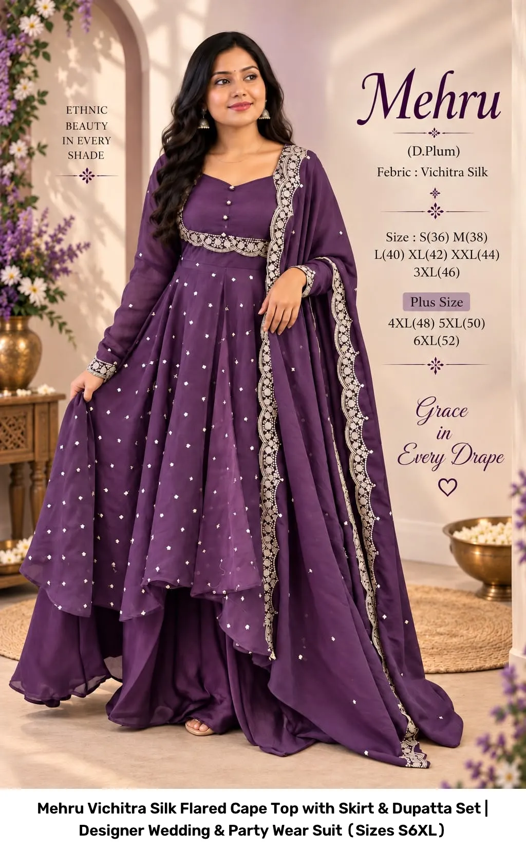 Mehru Vichitra Silk Flared Cape Top with Skirt & Dupatta Set | Designer Wedding & Party Wear Suit (Sizes S–6XL) 19