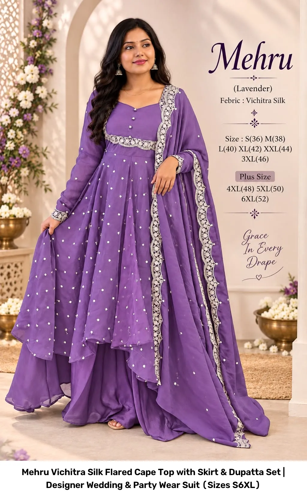 Mehru Vichitra Silk Flared Cape Top with Skirt & Dupatta Set | Designer Wedding & Party Wear Suit (Sizes S–6XL) 2