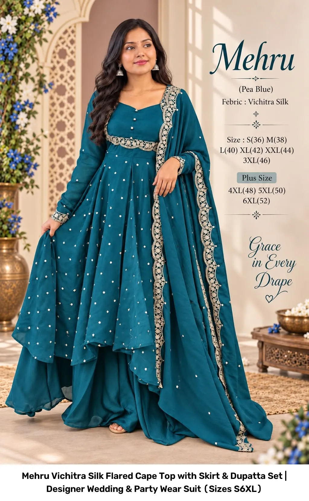 Mehru Vichitra Silk Flared Cape Top with Skirt & Dupatta Set | Designer Wedding & Party Wear Suit (Sizes S–6XL) 20