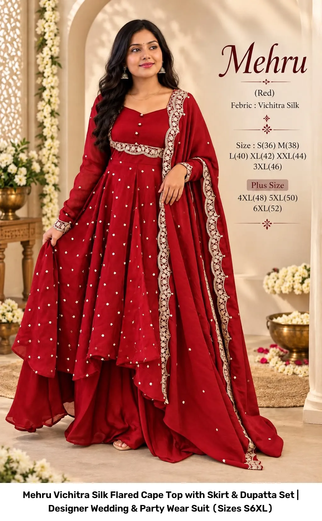 Mehru Vichitra Silk Flared Cape Top with Skirt & Dupatta Set | Designer Wedding & Party Wear Suit (Sizes S–6XL) 21