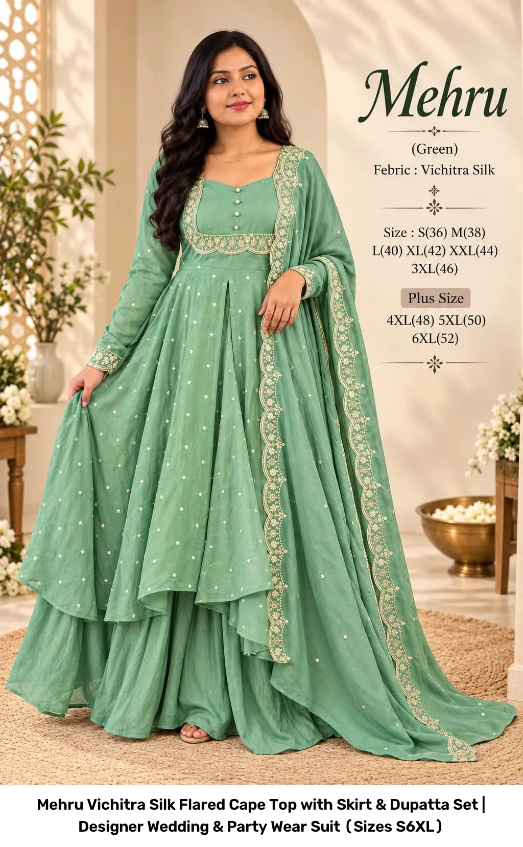 Mehru Vichitra Silk Flared Cape Top with Skirt & Dupatta Set | Designer Wedding & Party Wear Suit (Sizes S–6XL) 22