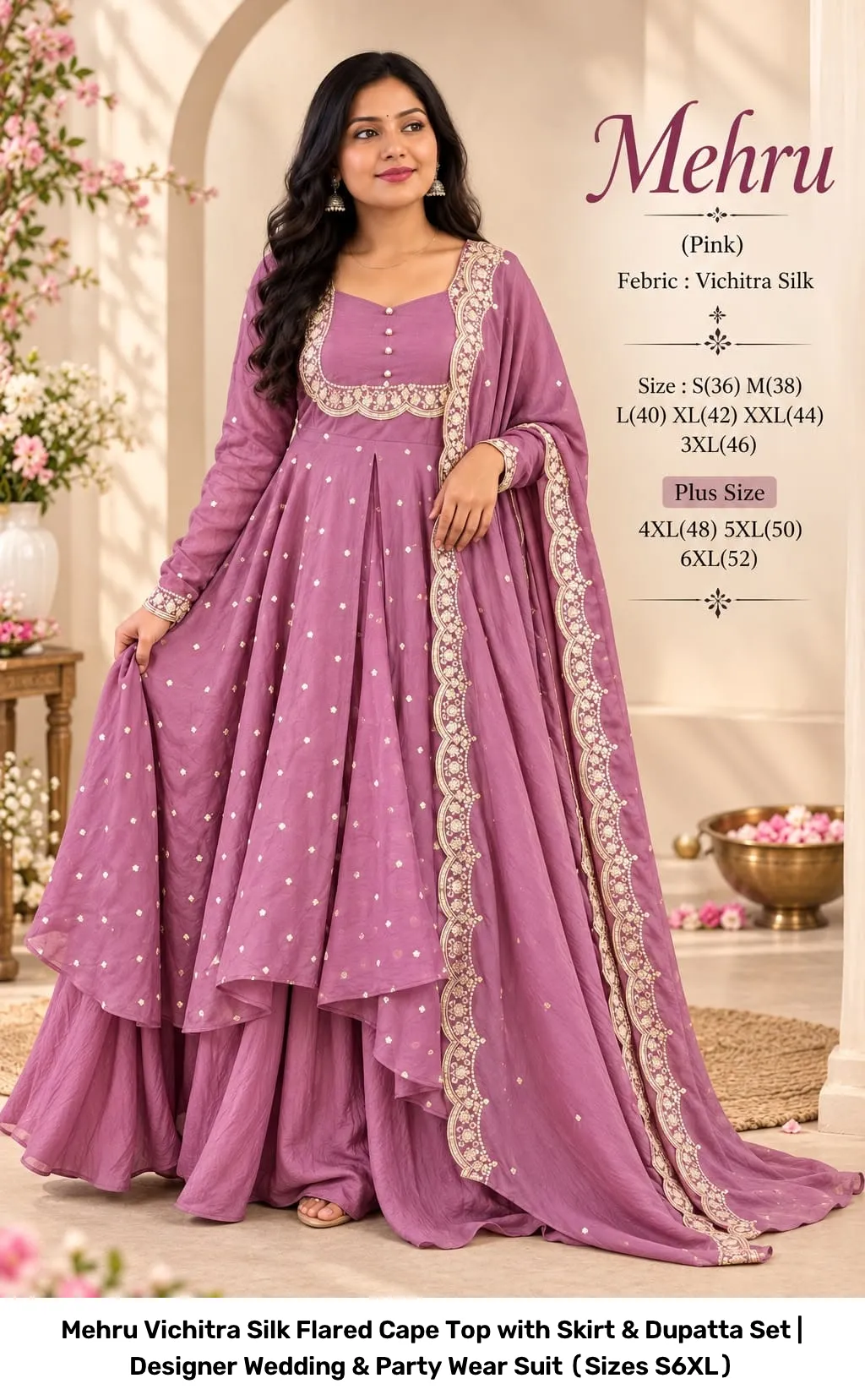 Mehru Vichitra Silk Flared Cape Top with Skirt & Dupatta Set | Designer Wedding & Party Wear Suit (Sizes S–6XL) 23