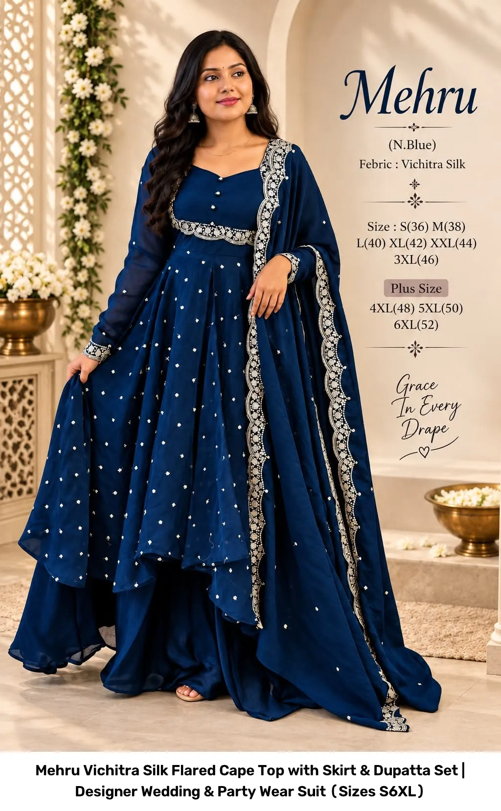 Mehru Vichitra Silk Flared Cape Top with Skirt & Dupatta Set | Designer Wedding & Party Wear Suit (Sizes S–6XL) 24