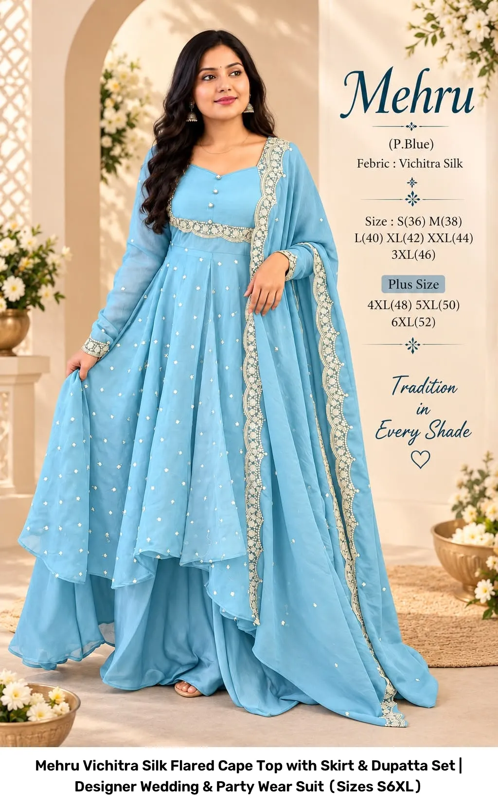 Mehru Vichitra Silk Flared Cape Top with Skirt & Dupatta Set | Designer Wedding & Party Wear Suit (Sizes S–6XL) 4