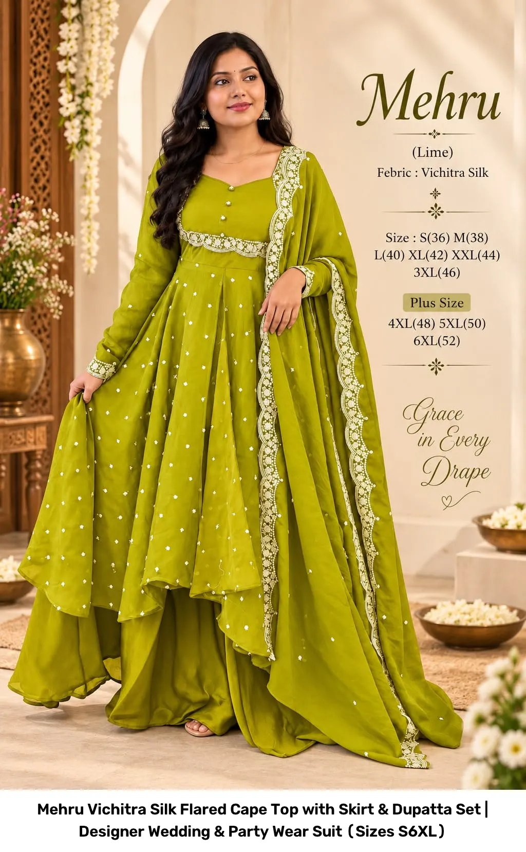 Mehru Vichitra Silk Flared Cape Top with Skirt & Dupatta Set | Designer Wedding & Party Wear Suit (Sizes S–6XL) 5