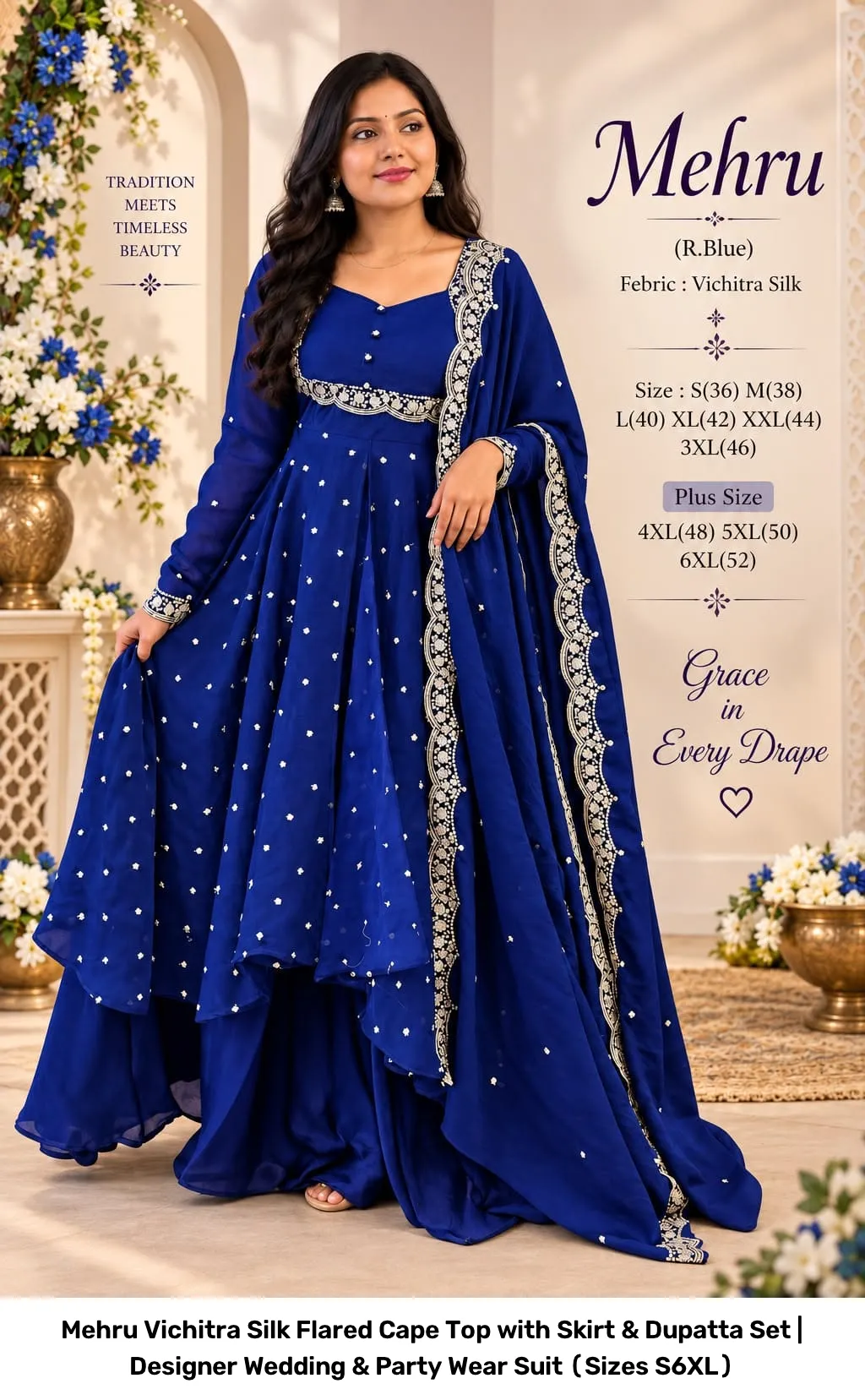 Mehru Vichitra Silk Flared Cape Top with Skirt & Dupatta Set | Designer Wedding & Party Wear Suit (Sizes S–6XL) 6
