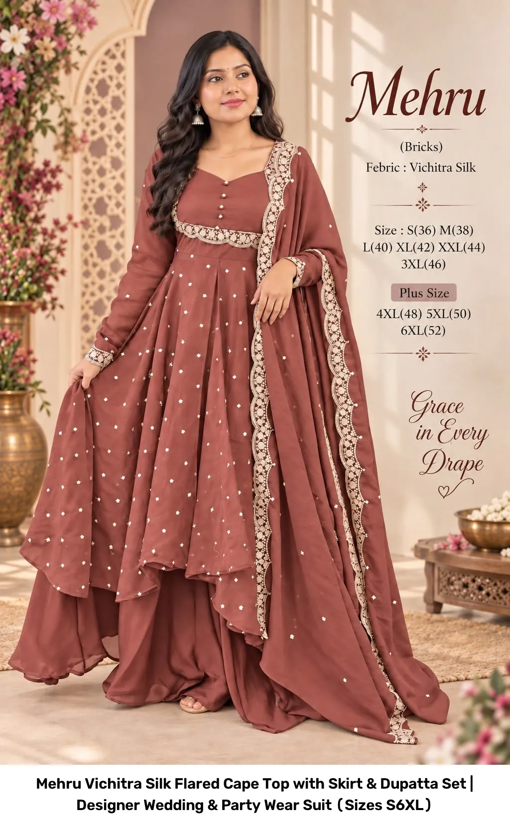 Mehru Vichitra Silk Flared Cape Top with Skirt & Dupatta Set | Designer Wedding & Party Wear Suit (Sizes S–6XL) 7