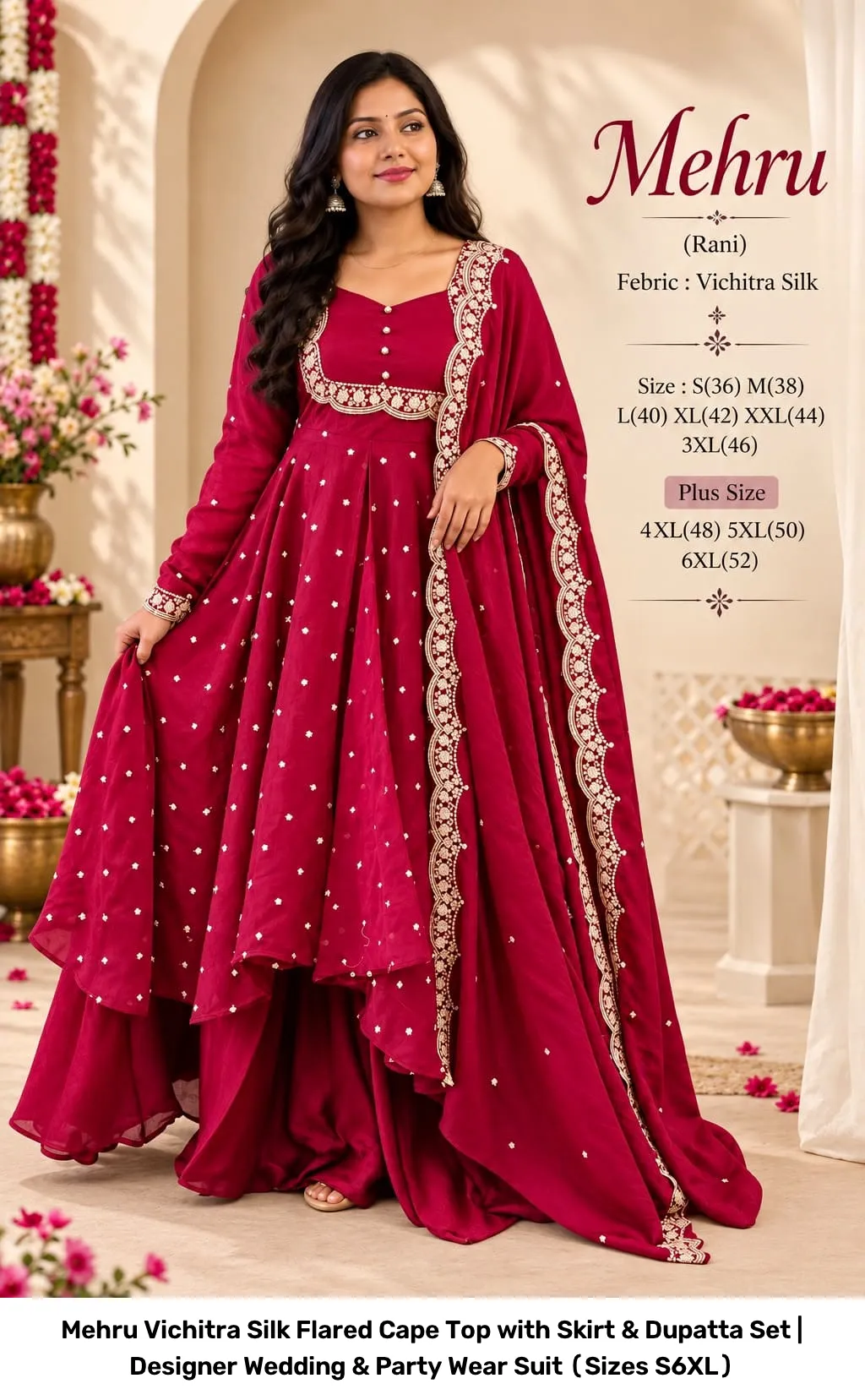 Mehru Vichitra Silk Flared Cape Top with Skirt & Dupatta Set | Designer Wedding & Party Wear Suit (Sizes S–6XL) 8