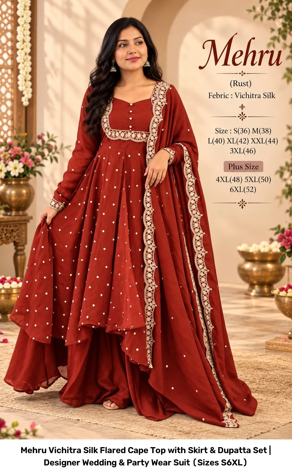 Mehru Vichitra Silk Flared Cape Top with Skirt & Dupatta Set | Designer Wedding & Party Wear Suit (Sizes S–6XL) 9