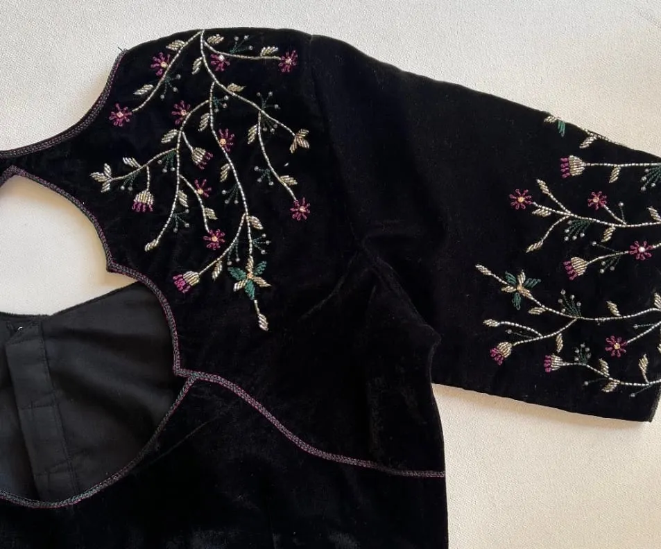 Midnight Black Velvet Embroidered Blouse – Delicate Floral Vine Zari Sleeve Work & Cutout Back