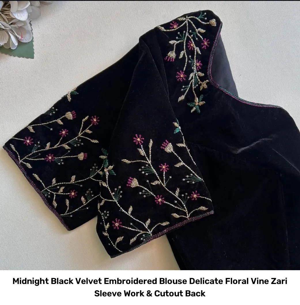 Midnight Black Velvet Embroidered Blouse – Delicate Floral Vine Zari Sleeve Work & Cutout Back 2