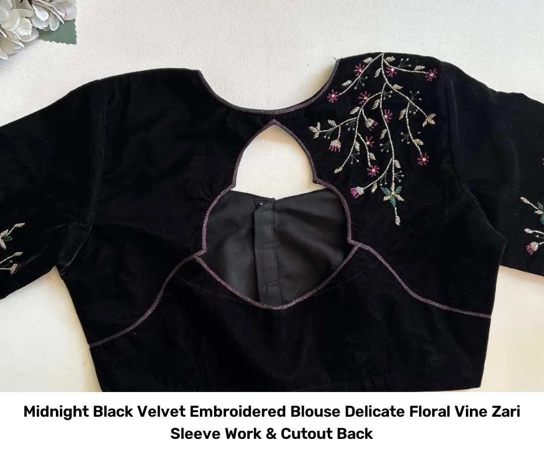 Midnight Black Velvet Embroidered Blouse – Delicate Floral Vine Zari Sleeve Work & Cutout Back 3