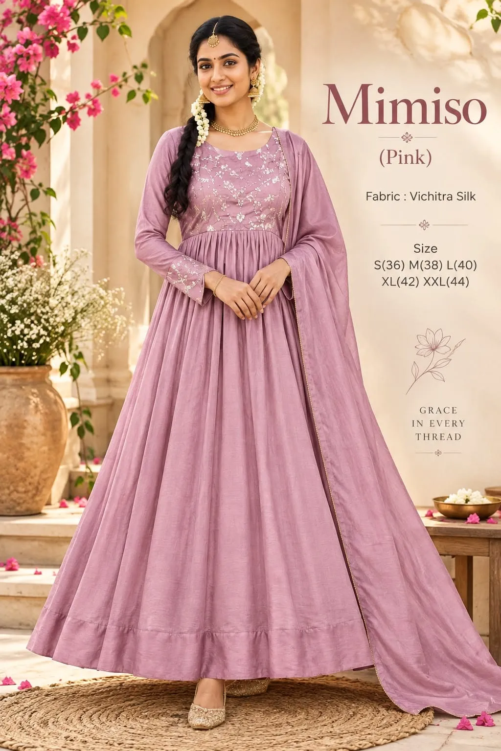 Mimiso Vichitra Silk Embroidered Yoke Anarkali Maxi Gown with Dupatta | Festive & Haldi Pre-Wedding Dress
