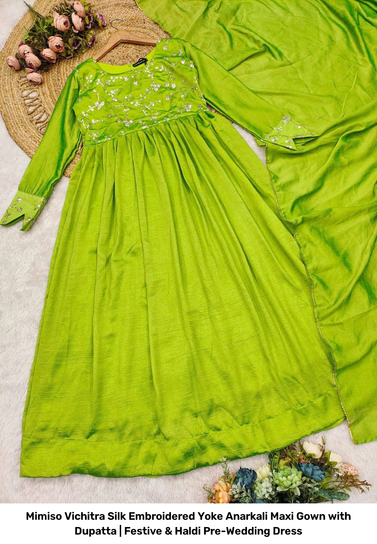 Mimiso Vichitra Silk Embroidered Yoke Anarkali Maxi Gown with Dupatta | Festive & Haldi Pre-Wedding Dress 2