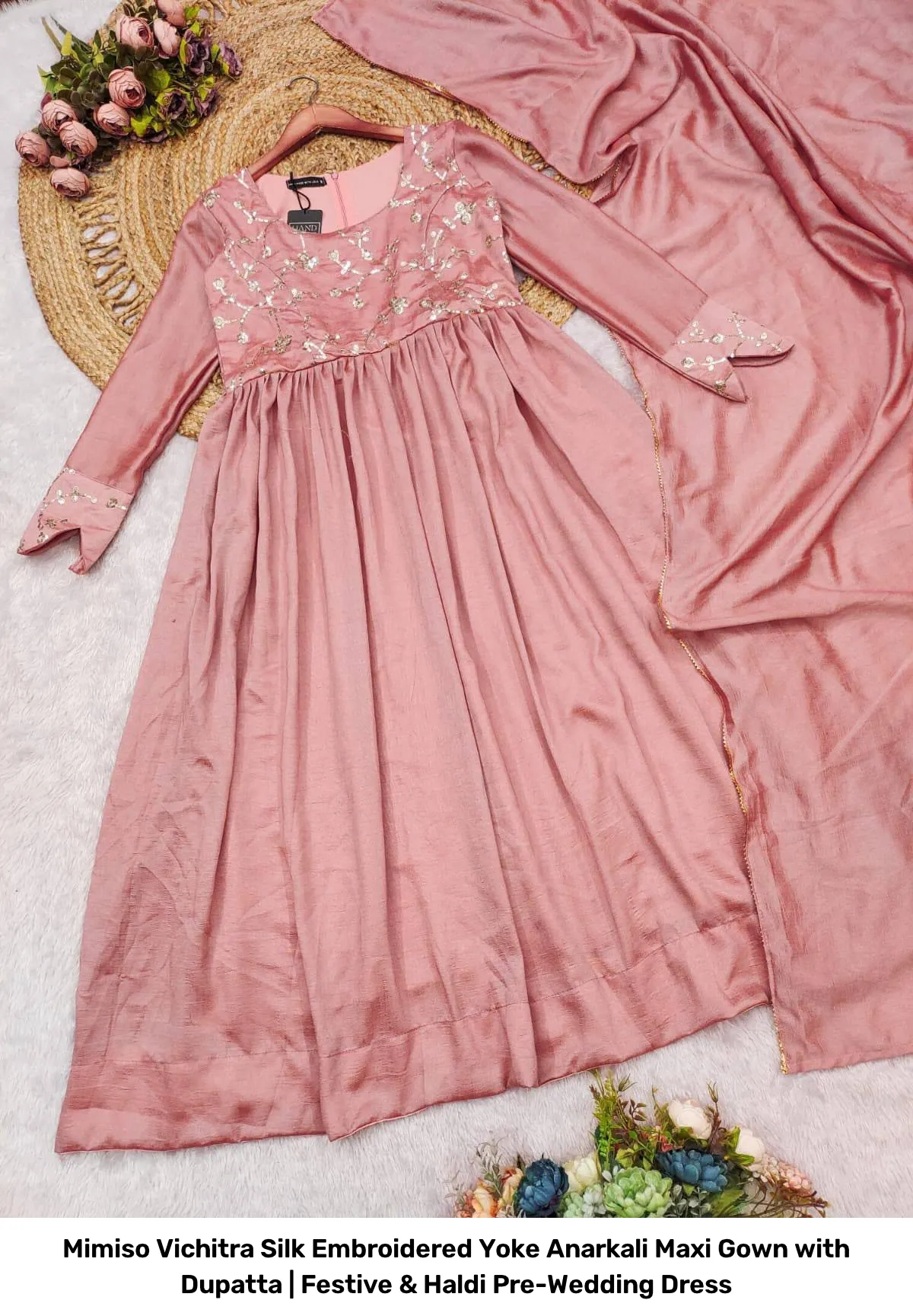 Mimiso Vichitra Silk Embroidered Yoke Anarkali Maxi Gown with Dupatta | Festive & Haldi Pre-Wedding Dress 3