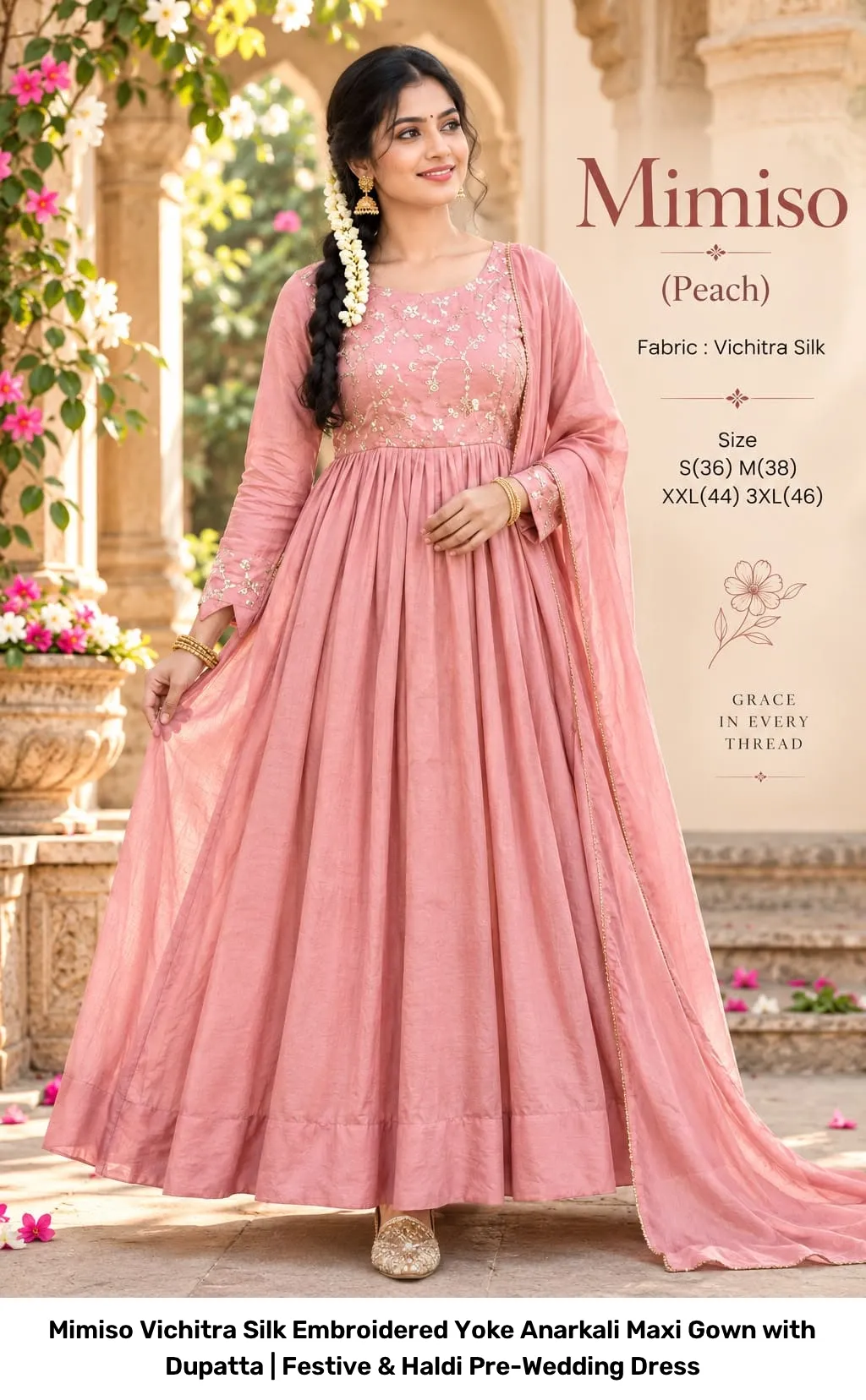 Mimiso Vichitra Silk Embroidered Yoke Anarkali Maxi Gown with Dupatta | Festive & Haldi Pre-Wedding Dress 4