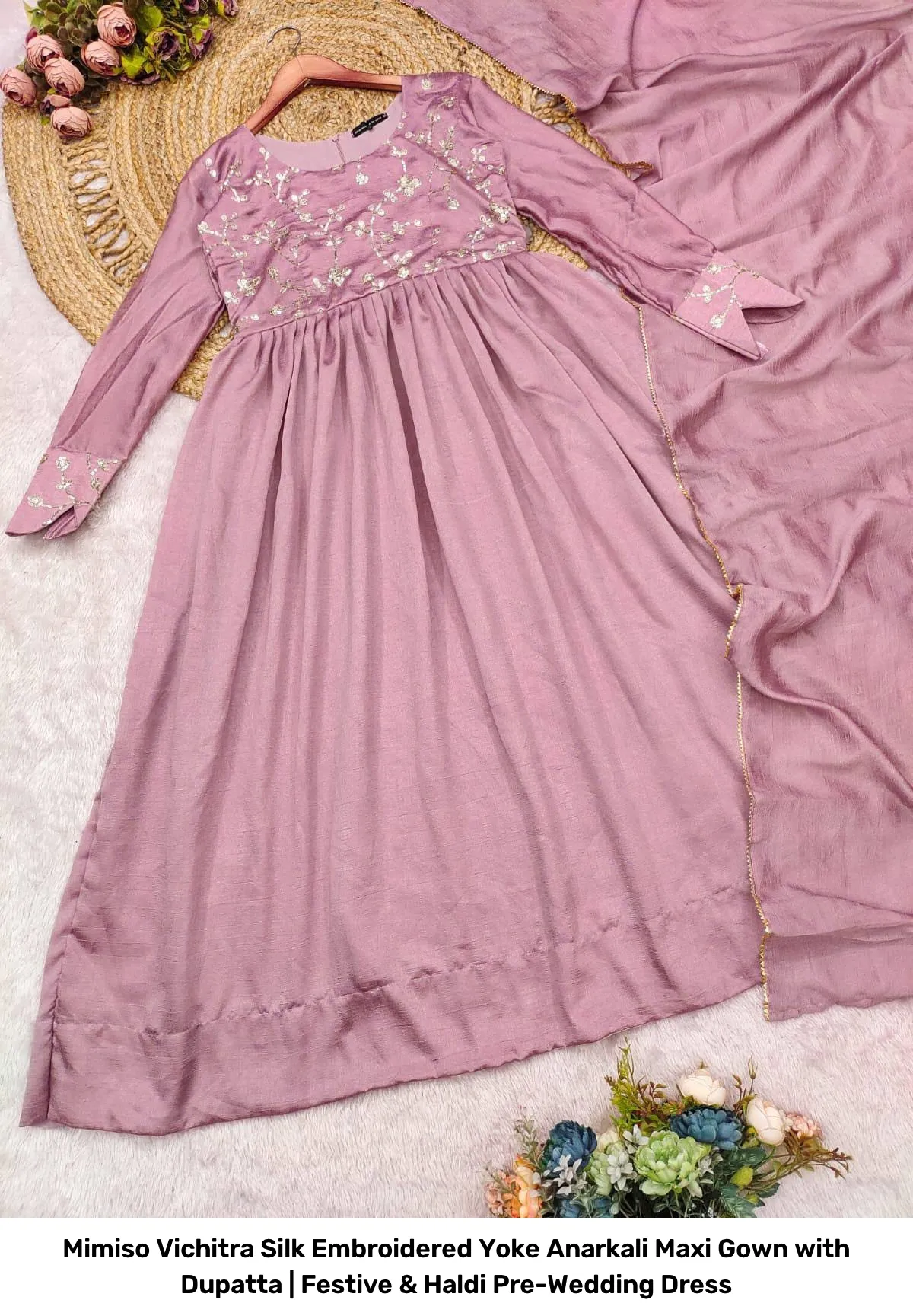 Mimiso Vichitra Silk Embroidered Yoke Anarkali Maxi Gown with Dupatta | Festive & Haldi Pre-Wedding Dress 5