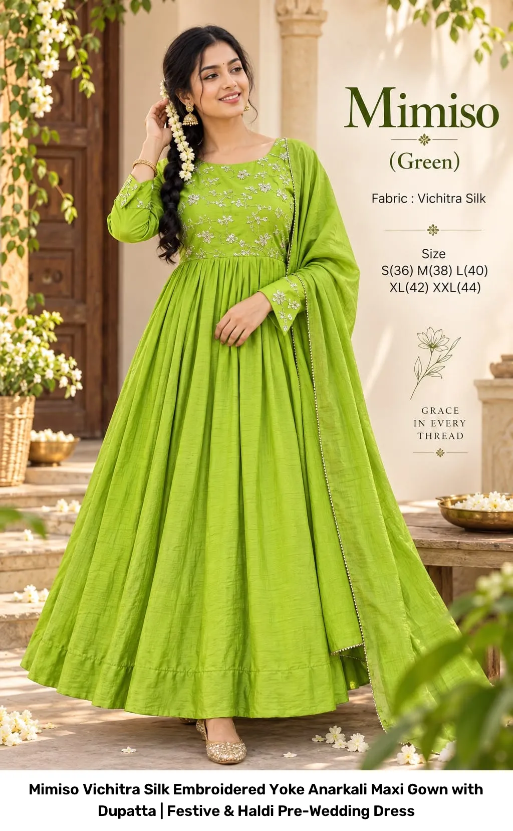 Mimiso Vichitra Silk Embroidered Yoke Anarkali Maxi Gown with Dupatta | Festive & Haldi Pre-Wedding Dress 6