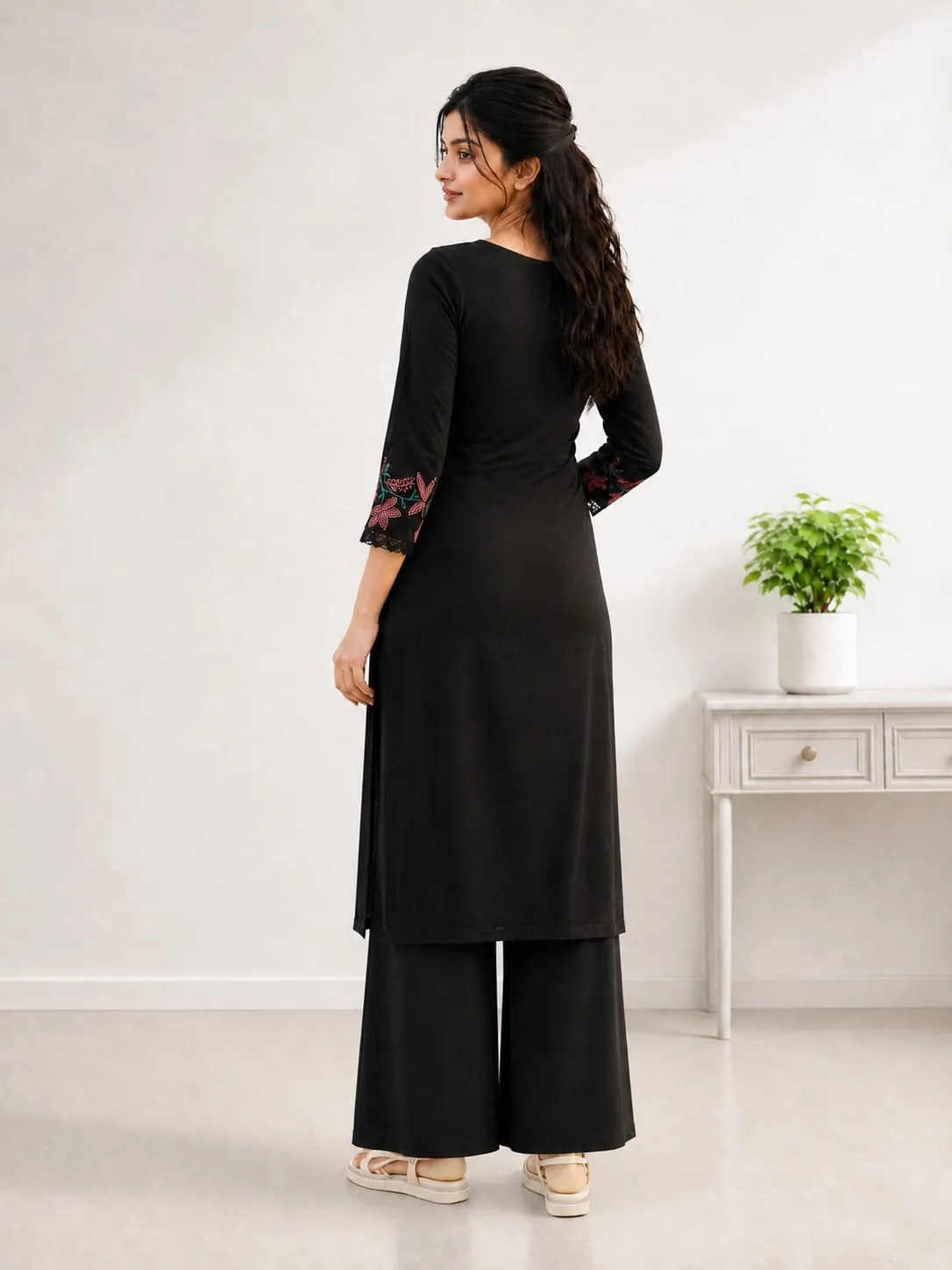 Minimalist Embroidered Straight Cotton Kurta Palazzo Suit