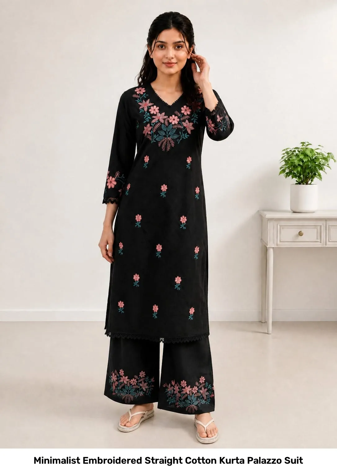 Minimalist Embroidered Straight Cotton Kurta Palazzo Suit 2