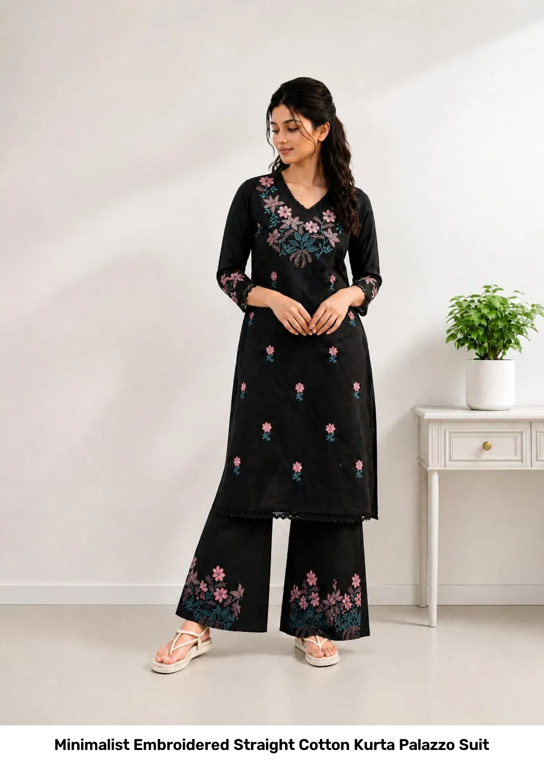 Minimalist Embroidered Straight Cotton Kurta Palazzo Suit 3