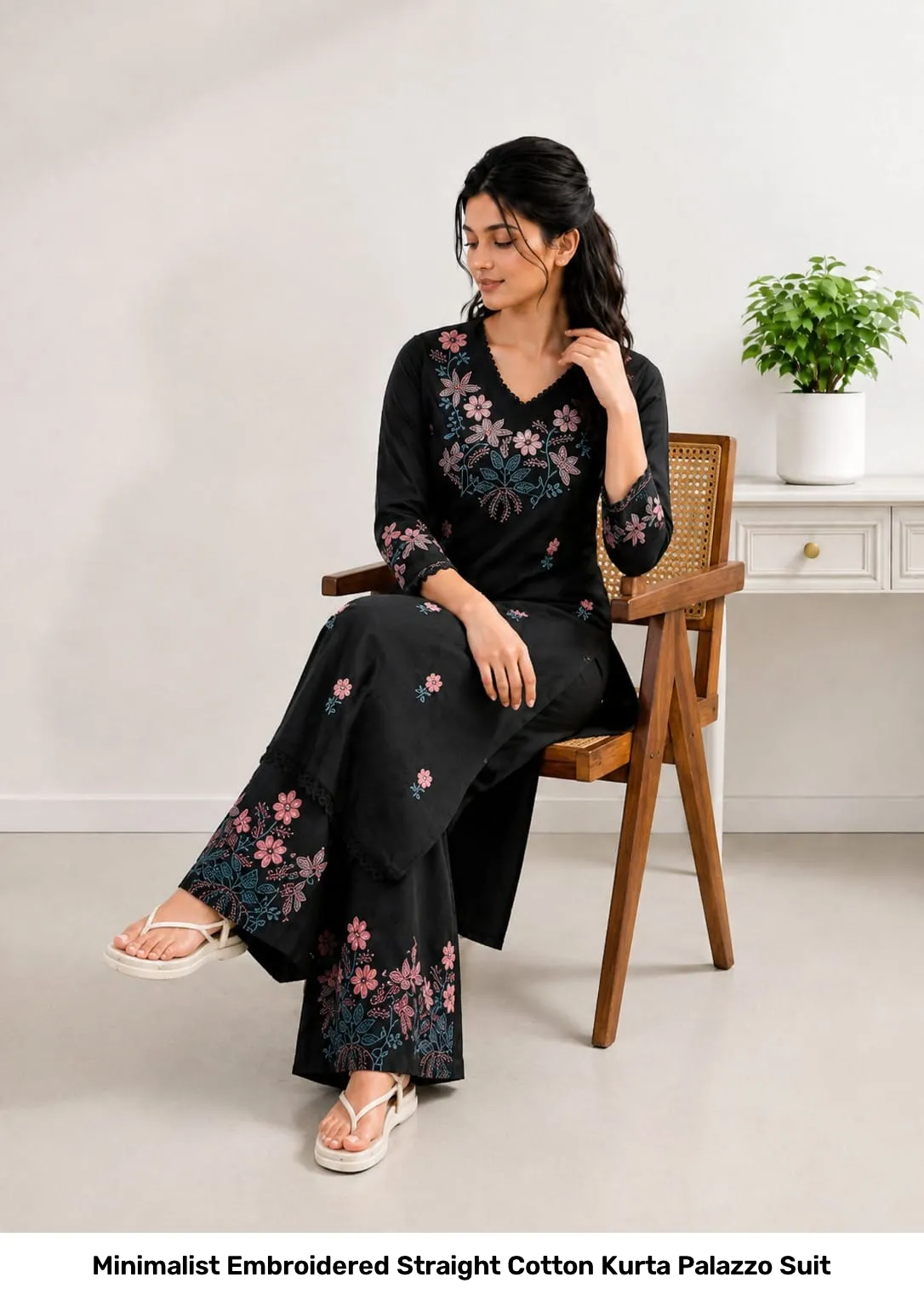 Minimalist Embroidered Straight Cotton Kurta Palazzo Suit 4
