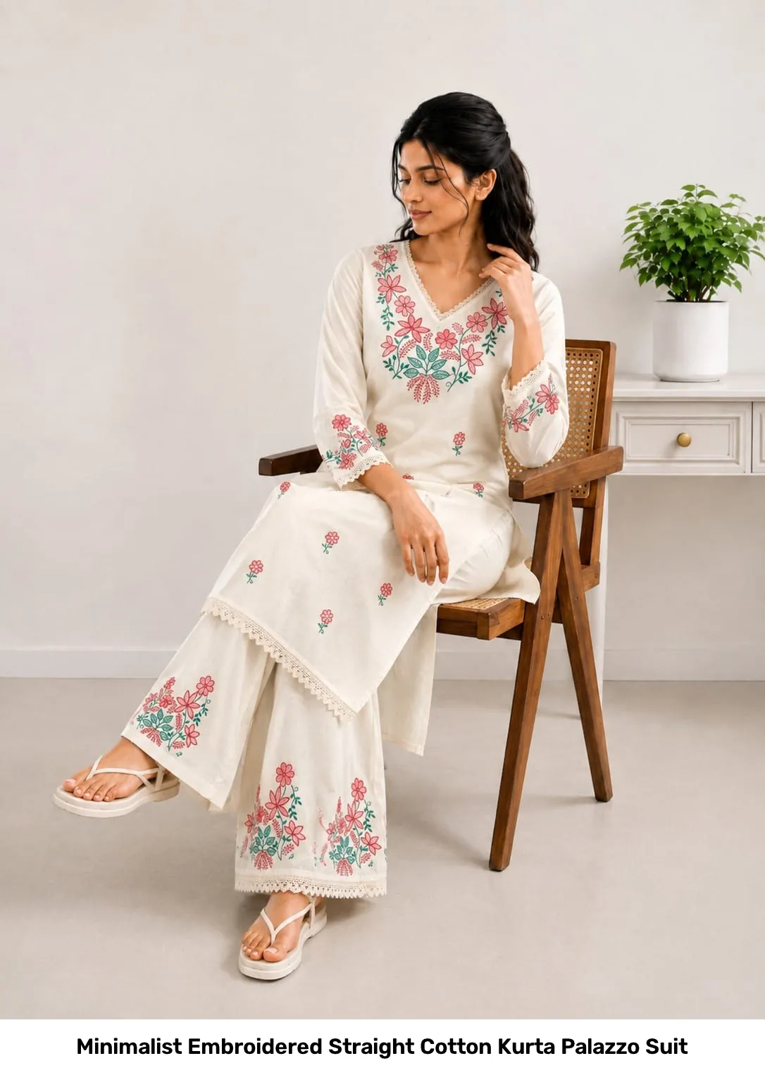 Minimalist Embroidered Straight Cotton Kurta Palazzo Suit 5