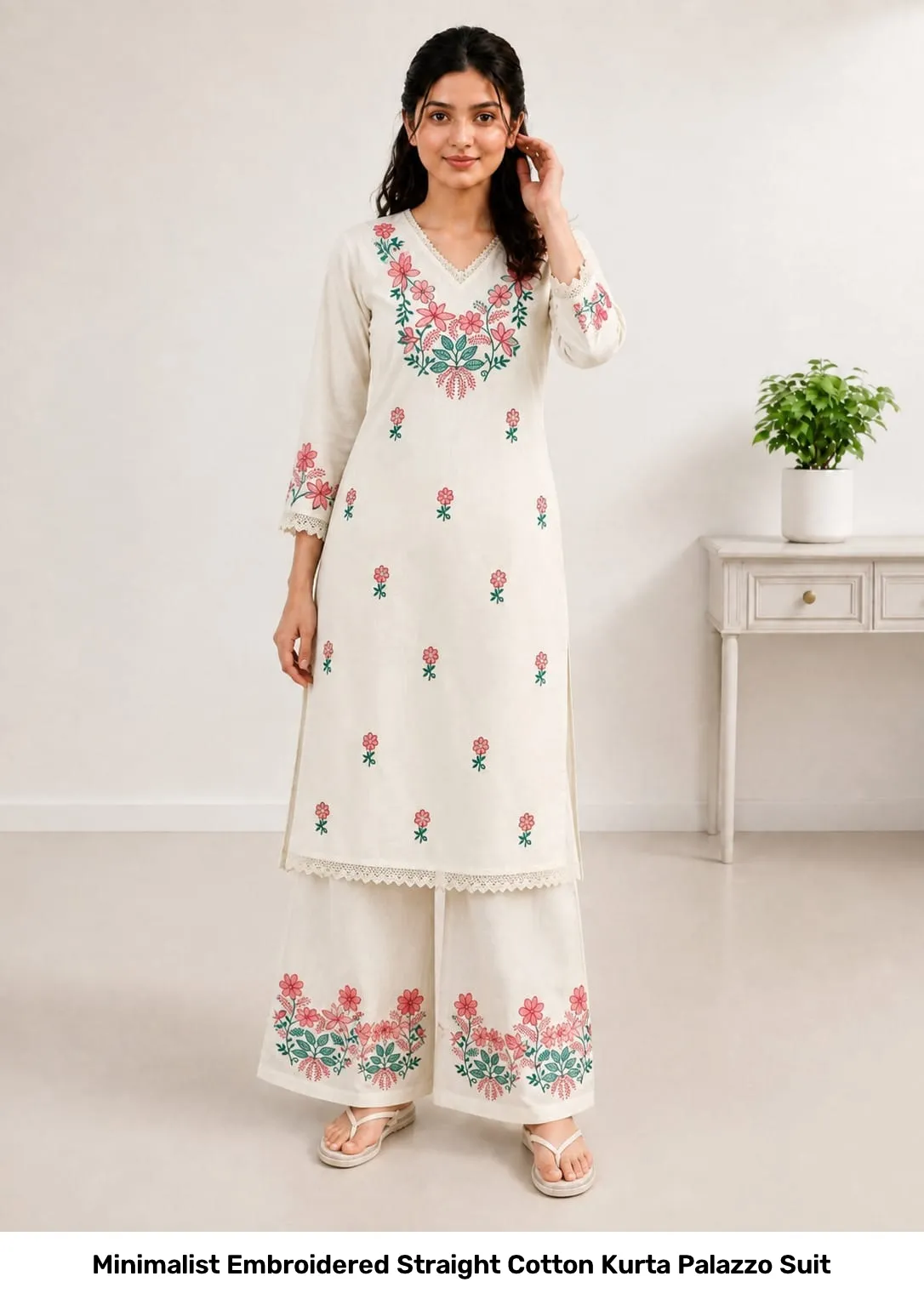 Minimalist Embroidered Straight Cotton Kurta Palazzo Suit 6