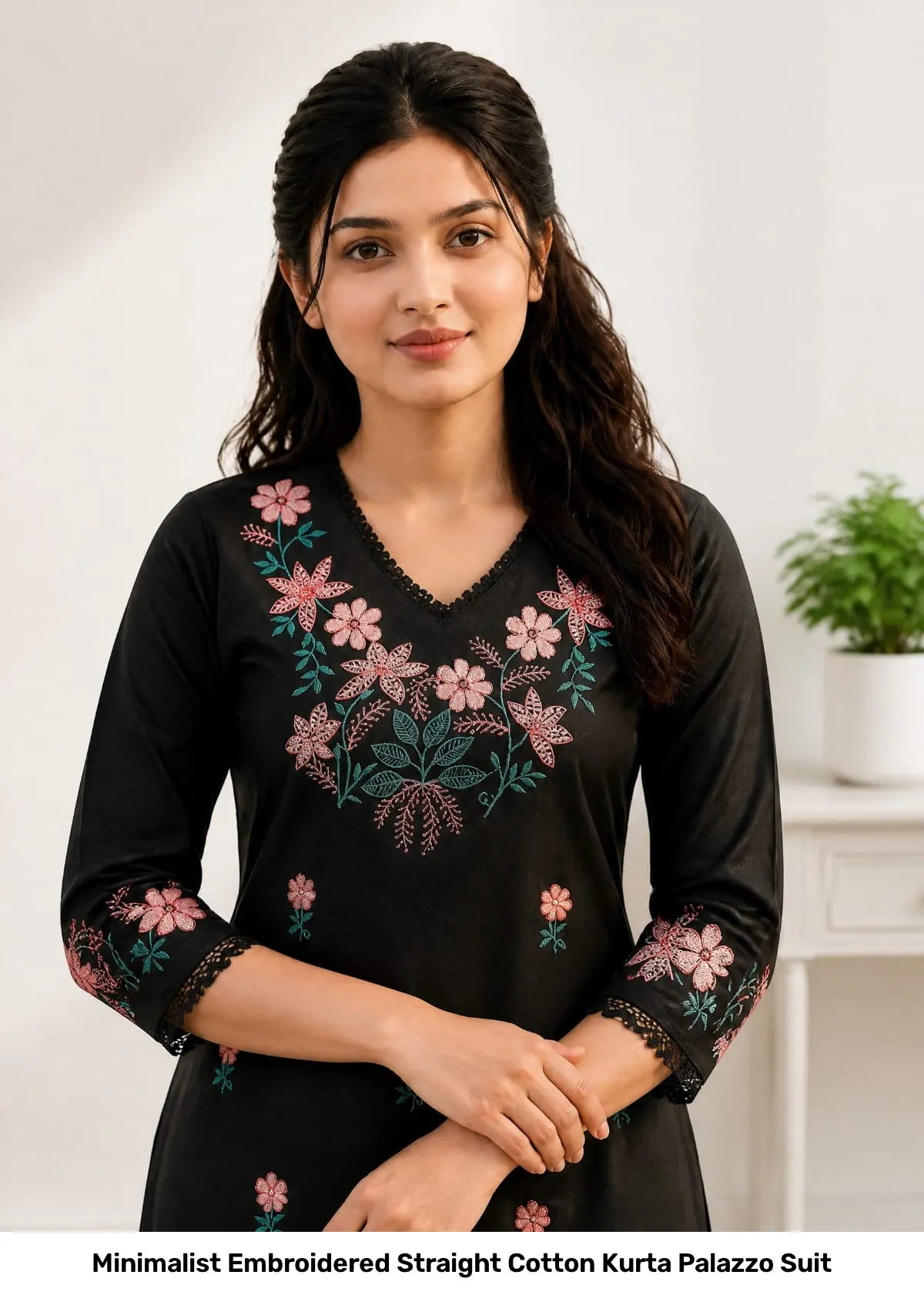 Minimalist Embroidered Straight Cotton Kurta Palazzo Suit 8