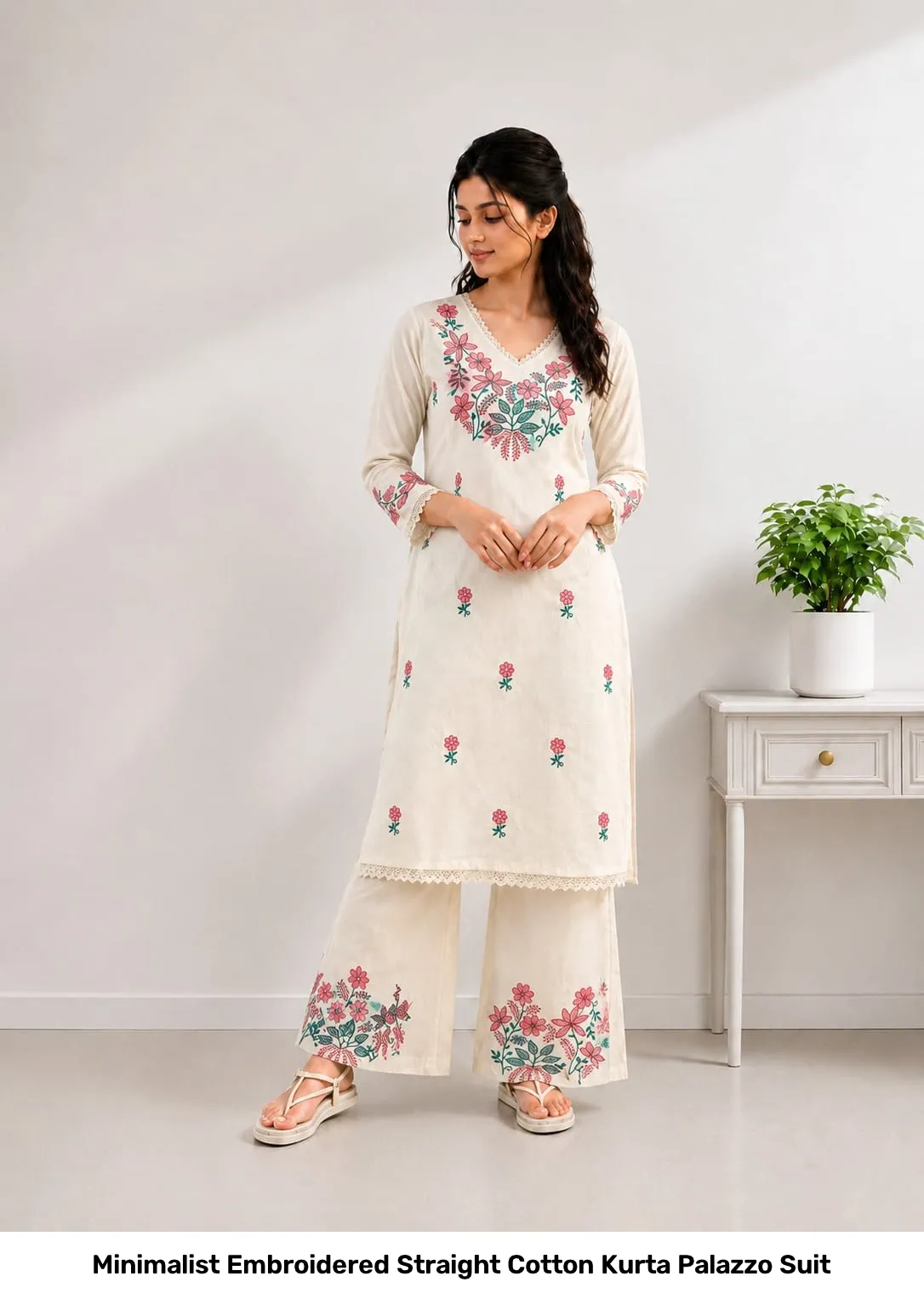 Minimalist Embroidered Straight Cotton Kurta Palazzo Suit 9