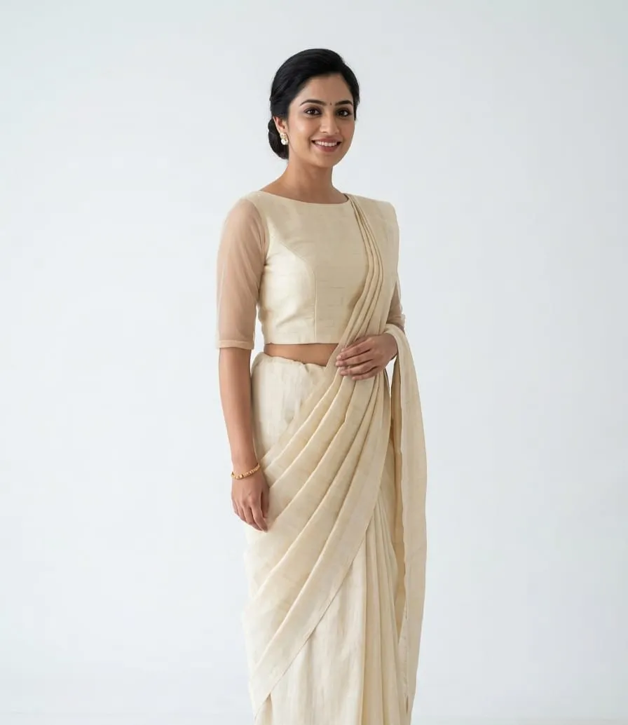 Minimalist Pure Silk Saree Blouse – Elegant Boat Neckline with Transparent Net Sleeves 1