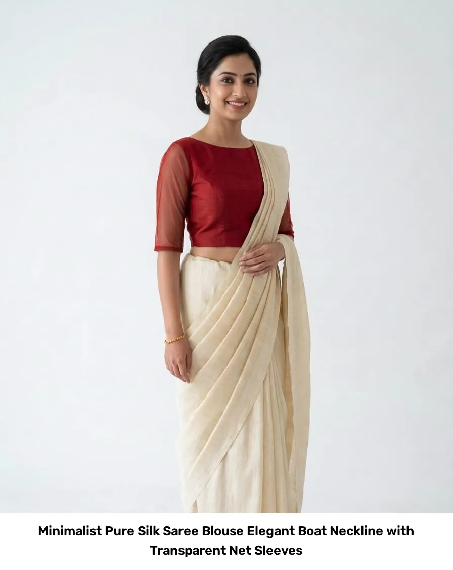 Minimalist Pure Silk Saree Blouse – Elegant Boat Neckline with Transparent Net Sleeves 5