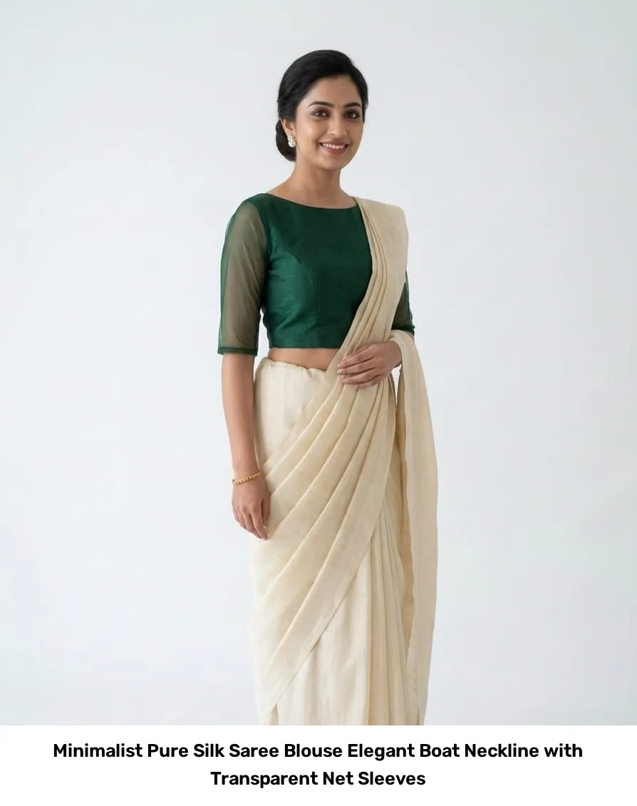 Minimalist Pure Silk Saree Blouse – Elegant Boat Neckline with Transparent Net Sleeves 6