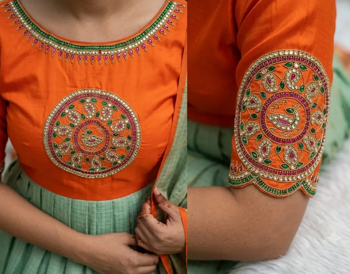 Mint Green & Orange Maggam Work Long Frock | Handcrafted Peacock Embroidery Festive Anarkali Gown with Dupatta