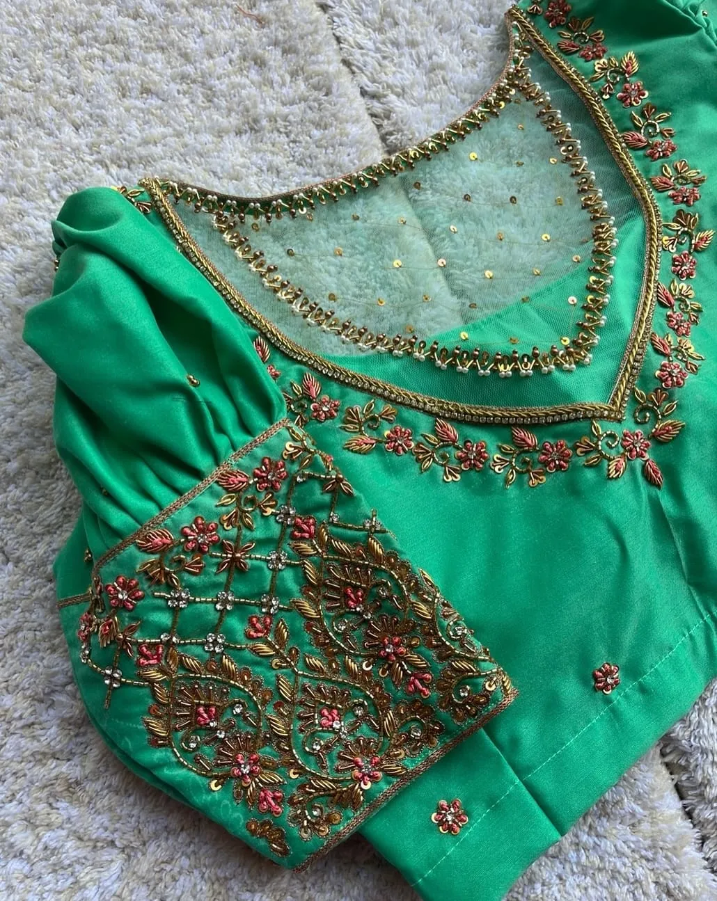Mint Green Silk Saree Blouse with Pleated Puff Sleeves & Sheer Net Neck Handwork