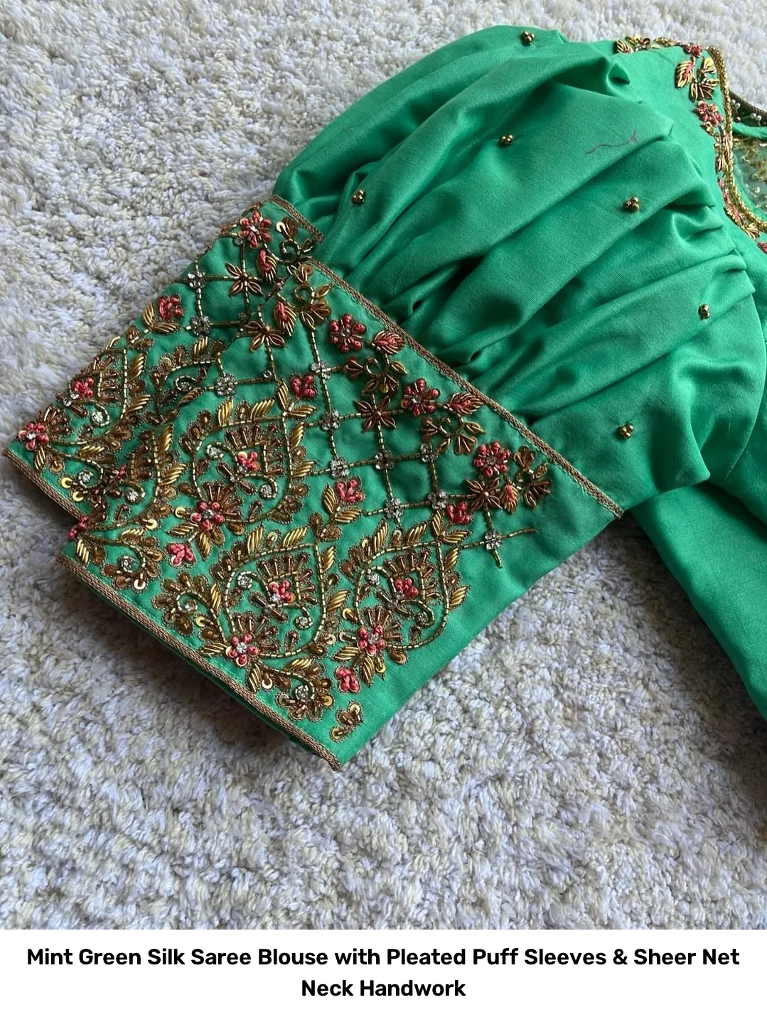 Mint Green Silk Saree Blouse with Pleated Puff Sleeves & Sheer Net Neck Handwork 2