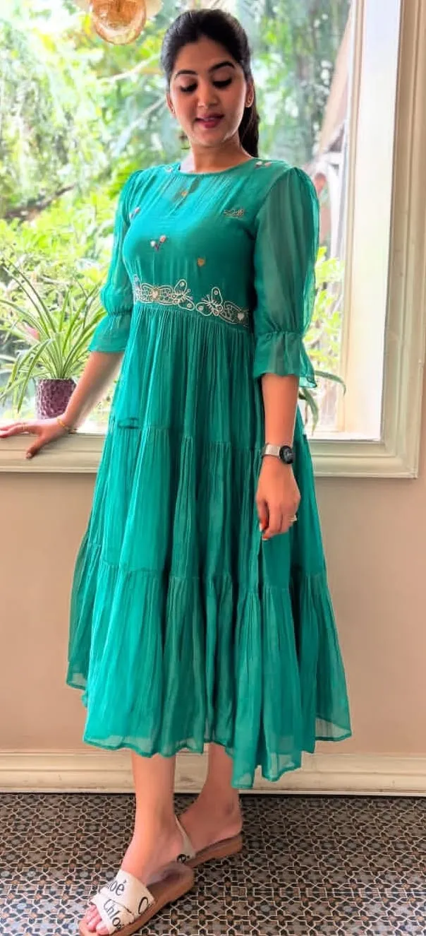 Mint Teal Georgette Flared One-Piece Dress with Delicate Hand Embroidery & Ruffle Sleeves