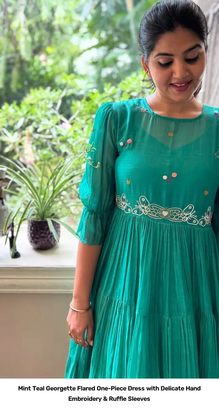 Mint Teal Georgette Flared One-Piece Dress with Delicate Hand Embroidery & Ruffle Sleeves 2