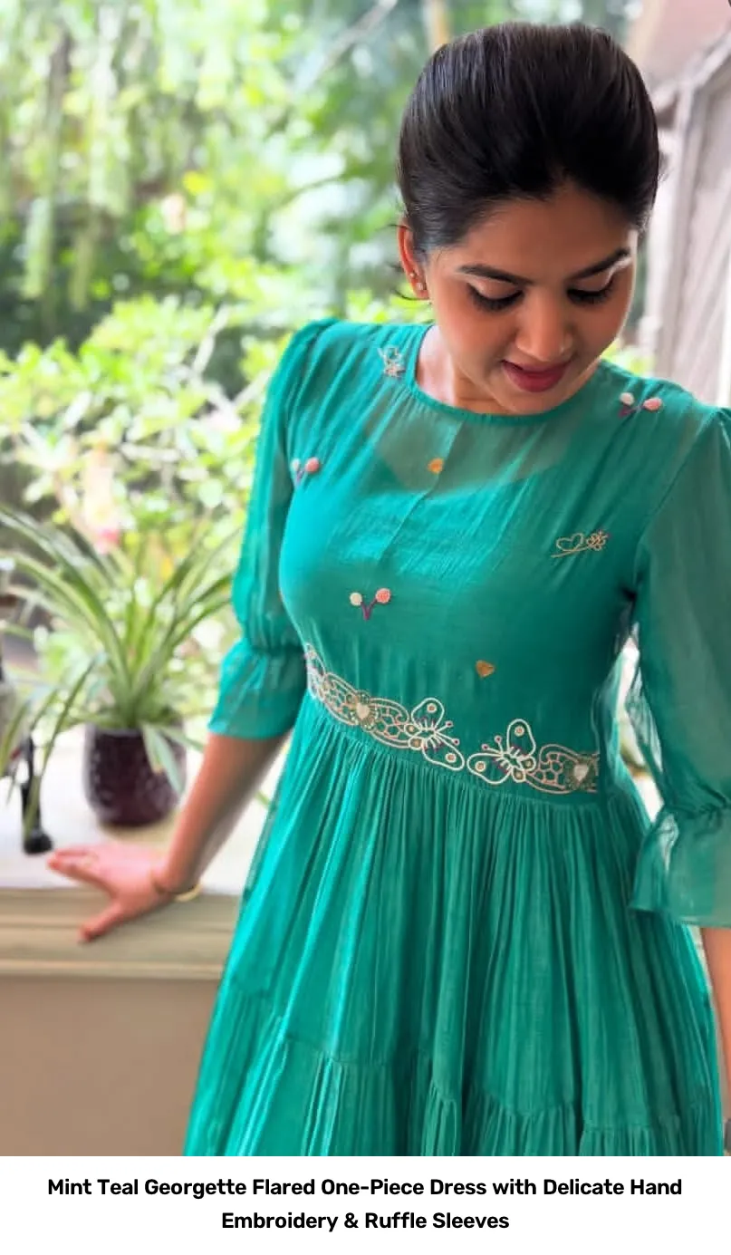 Mint Teal Georgette Flared One-Piece Dress with Delicate Hand Embroidery & Ruffle Sleeves 3