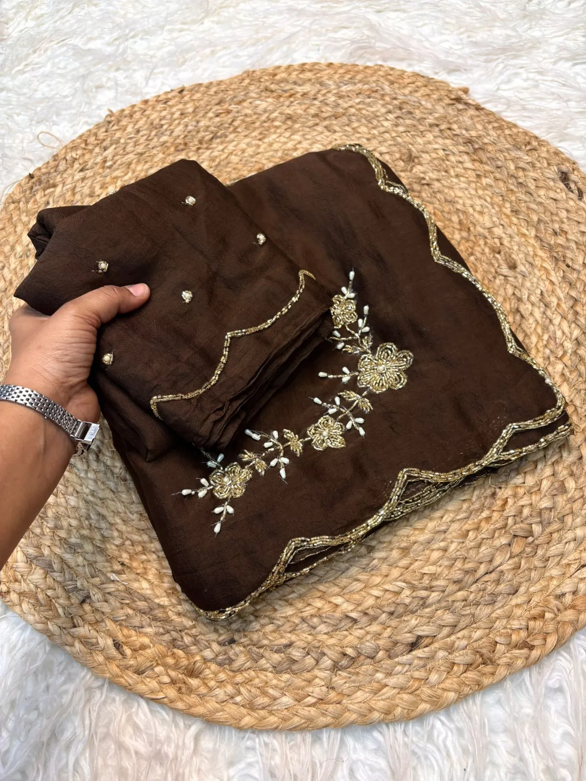Mocha Brown Crush Rangoli Saree with Handwork Butta & Designer Cutwork Border