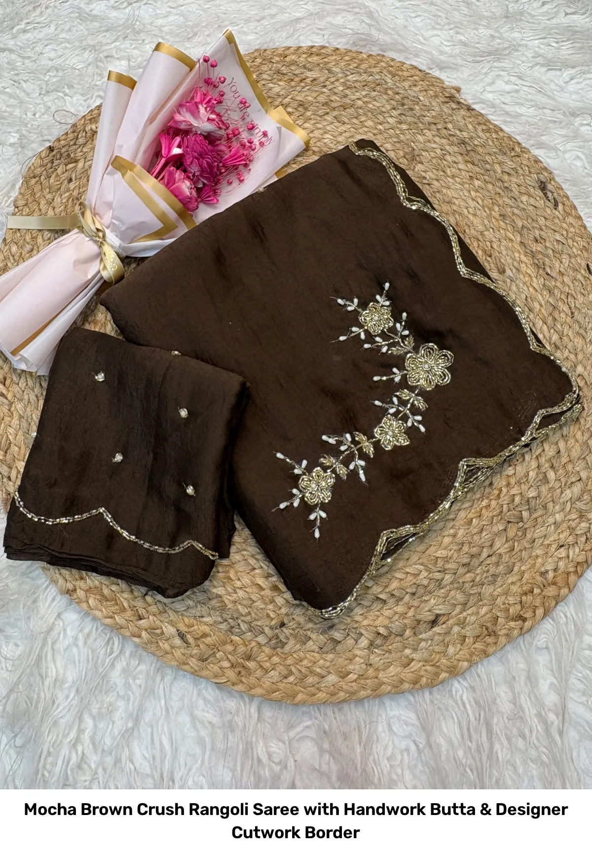 Mocha Brown Crush Rangoli Saree with Handwork Butta & Designer Cutwork Border 2